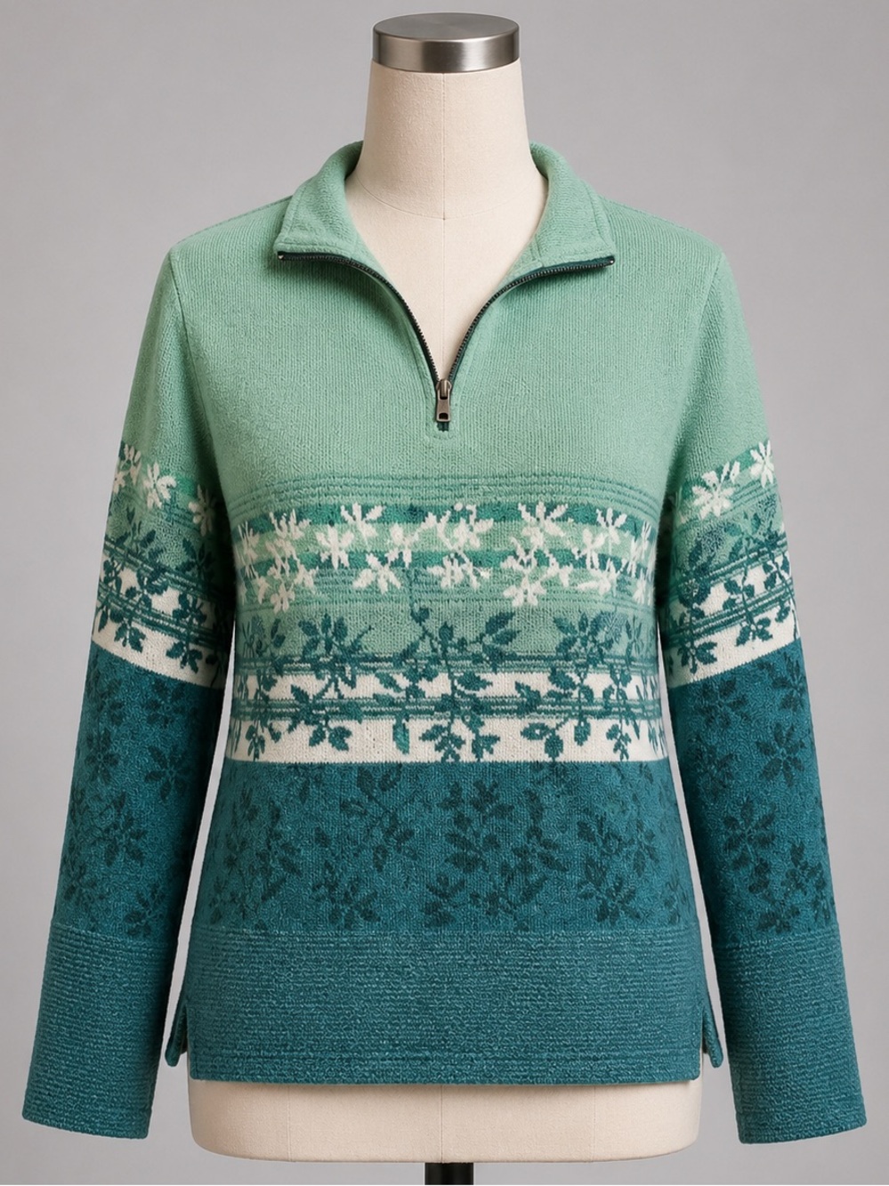 Vintage R&R Sport Green Ombre, Vine Design, Quarter Zip Up, Fleece Sweater- M